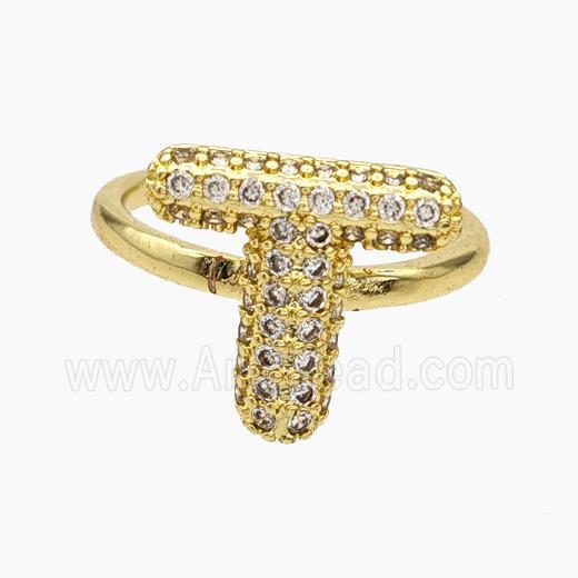 Copper Letter-T Rings Micropave Zirconia Gold Plated