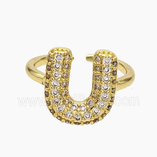 Copper Letter-U Rings Micropave Zirconia Gold Plated