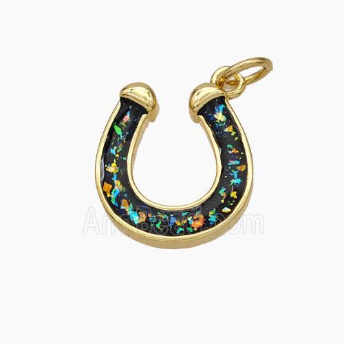 Copper Horseshoe Pendant Pave Black Fire Opal 18K Gold Plated
