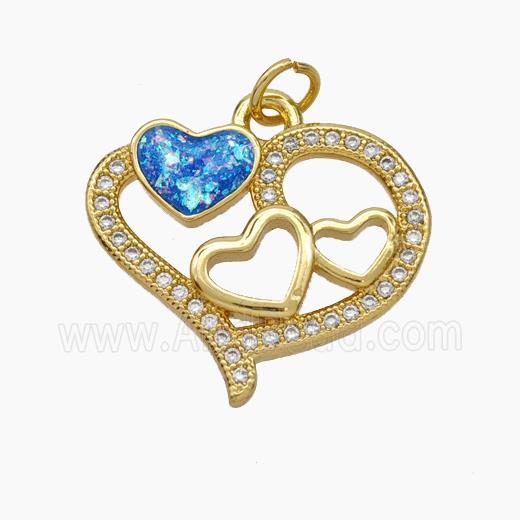 Copper Heart Pendant Pave Zirconia Blue Fire Opal 18K Gold Plated