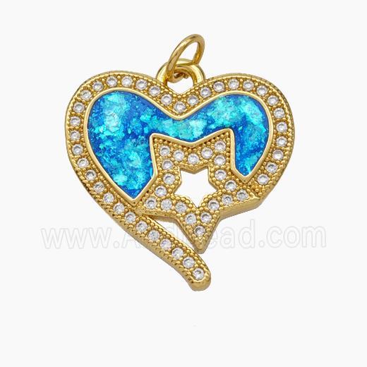 Copper Heart Pendant Pave Zirconia Blue Fire Opal Star 18K Gold Plated