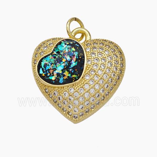 Copper Heart Pendant Pave Zirconia Black Fire Opal 18K Gold Plated