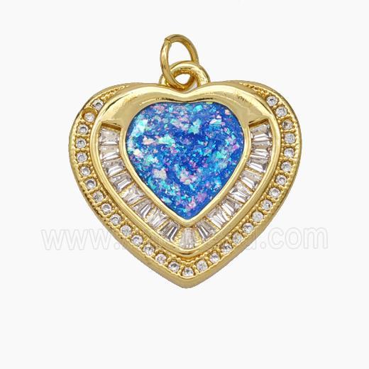 Copper Heart Pendant Pave Zirconia Blue Fire Opal 18K Gold Plated