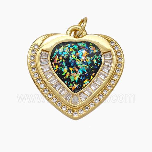 Copper Heart Pendant Pave Zirconia Rainbow Fire Opal 18K Gold Plated