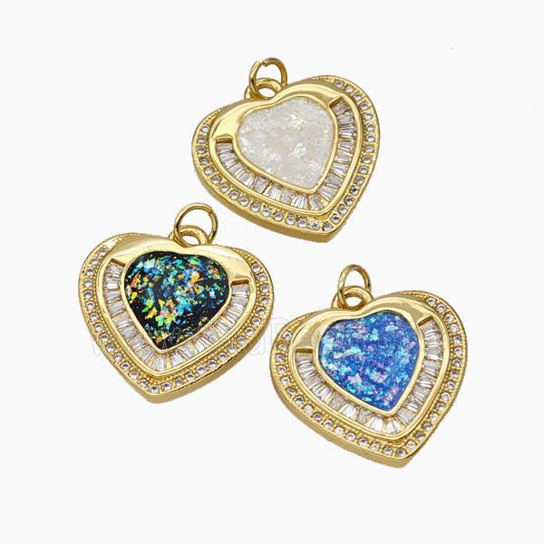 Copper Heart Pendant Pave Zirconia Fire Opal 18K Gold Plated Mixed
