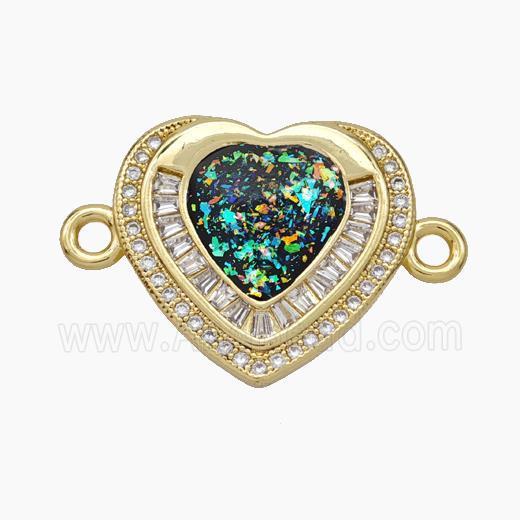 Copper Heart Connector Pave Zirconia Black Fire Opal 18K Gold Plated