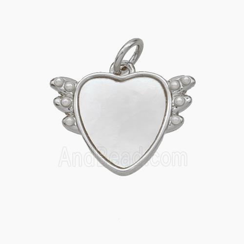 Copper Heart Pendant Pave Shell Angel Wings Platinum Plated
