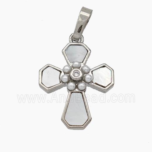 Copper Cross Pendant Pave Shell Pearlized Resin Platinum Plated