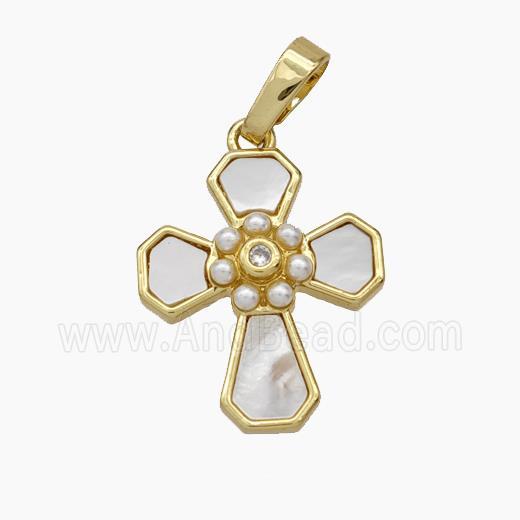 Copper Cross Pendant Pave Shell Pearlized Resin Gold Plated