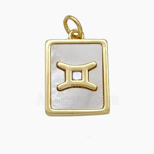 Copper Rectangle Pendant Pave Shell Zodiac Gemini 18K Gold Plated