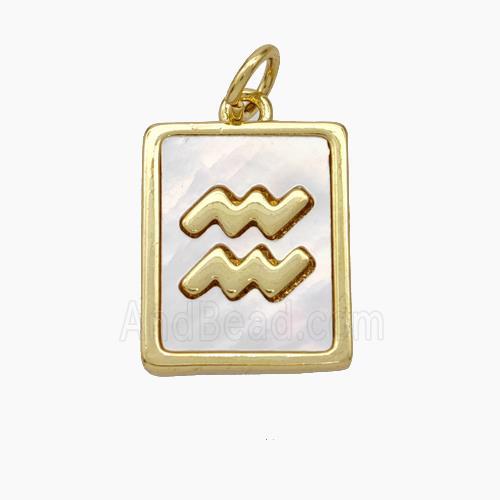 Copper Rectangle Pendant Pave Shell Zodiac Aquarius 18K Gold Plated