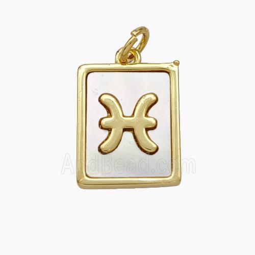 Copper Rectangle Pendant Pave Shell Zodiac Pisces 18K Gold Plated