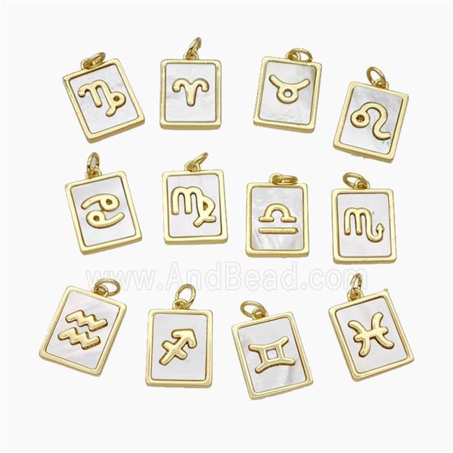 Copper Rectangle Pendant Pave Shell Zodiac 18K Gold Plated Mixed