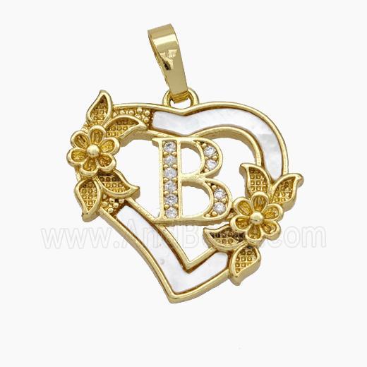Copper Heart Pendant Pave Shell Zirconia Letter-B Flower 18K Gold Plated