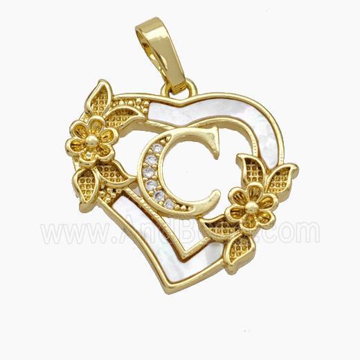 Copper Heart Pendant Pave Shell Zirconia Letter-C Flower 18K Gold Plated