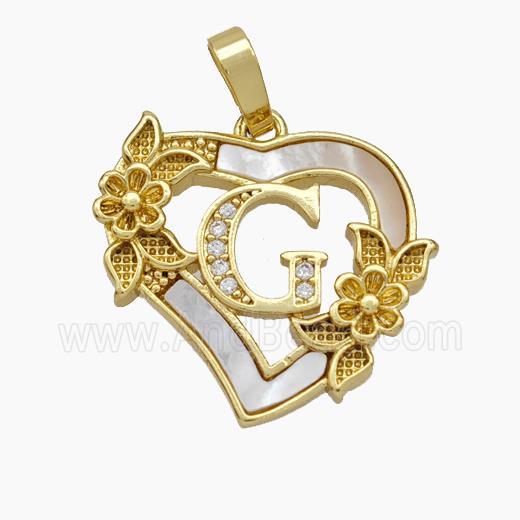 Copper Heart Pendant Pave Shell Zirconia Letter-G Flower 18K Gold Plated