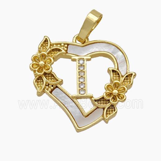 Copper Heart Pendant Pave Shell Zirconia Letter-I Flower 18K Gold Plated