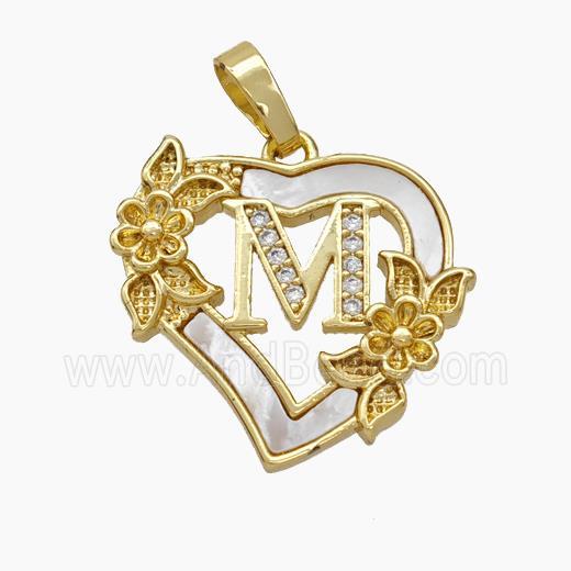 Copper Heart Pendant Pave Shell Zirconia Letter-M Flower 18K Gold Plated