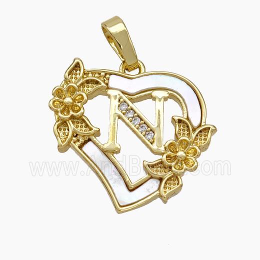 Copper Heart Pendant Pave Shell Zirconia Letter-N Flower 18K Gold Plated