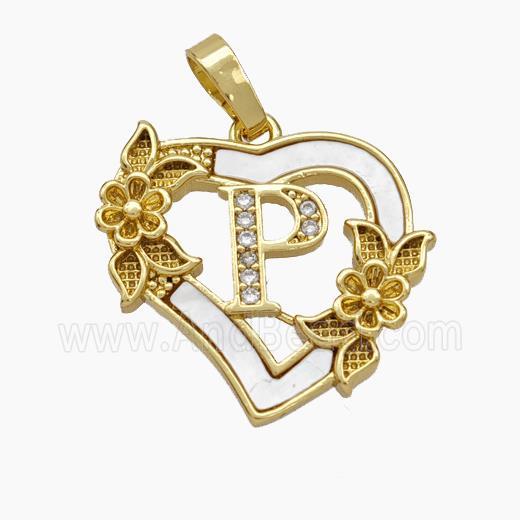 Copper Heart Pendant Pave Shell Zirconia Letter-P Flower 18K Gold Plated