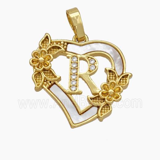 Copper Heart Pendant Pave Shell Zirconia Letter-R Flower 18K Gold Plated