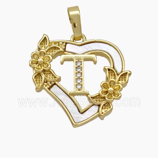 Copper Heart Pendant Pave Shell Zirconia Letter-T Flower 18K Gold Plated