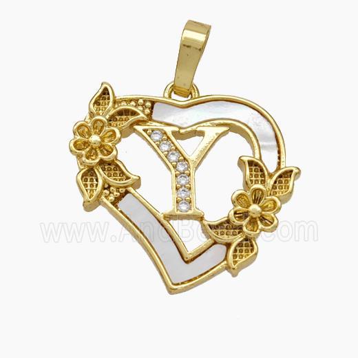 Copper Heart Pendant Pave Shell Zirconia Letter-Y Flower 18K Gold Plated
