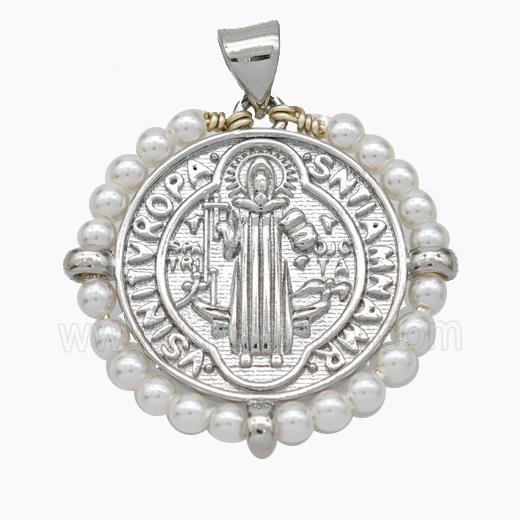 Copper Jesus Pendant With Pearlized Resin Wire Wrapped Platinum Plated