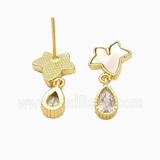 Copper Leaf Stud Earrings Pave Shell Teardrop 18K Gold Plated