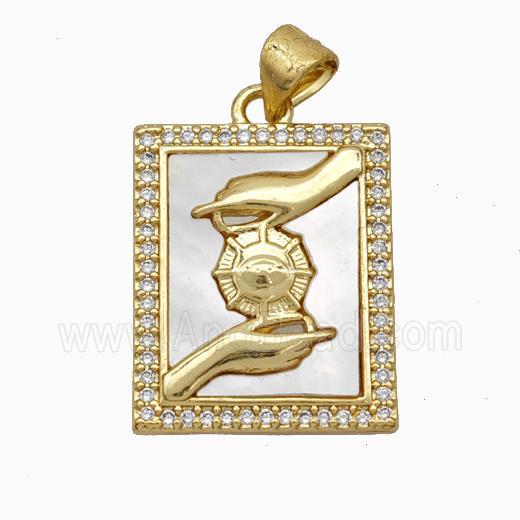 Copper Tarot Card Pendant Pave Shell Zirconia Hands 18K Gold Plated