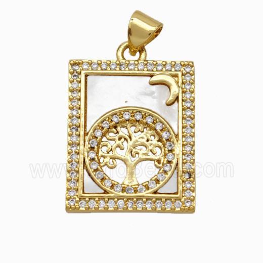 Copper Tarot Card Pendant Pave Shell Zirconia Tree Of Life 18K Gold Plated