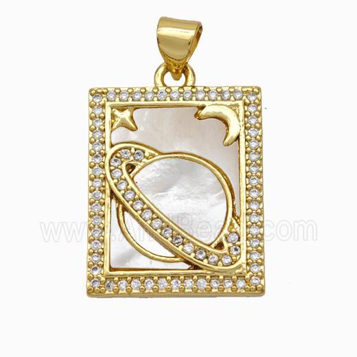 Copper Tarot Card Pendant Pave Shell Zirconia Planet Moon 18K Gold Plated