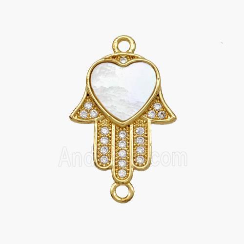 Copper Hand Connector Pave Shell Zirconia Heart 18K Gold Plated