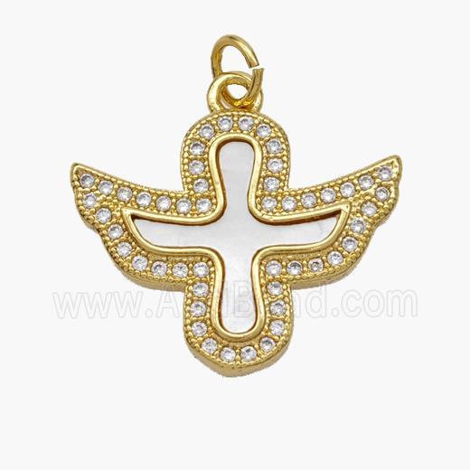 Copper Cross Pendant Pave Shell Zirconia Angel Wings 18K Gold Plated
