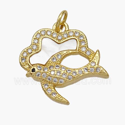 Copper Swallow Pendant Pave Shell Zirconia Birds 18K Gold Plated