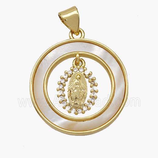 Copper Jesus Pendant Pave Shell Zirconia Circle 18K Gold Plated