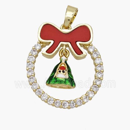 Christmas Bell Copper Bow Pendant Pave Shell Zirconia Painted 18K Gold Plated