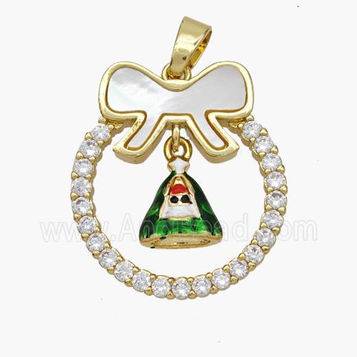 Christmas Bell Copper Bow Pendant Pave Shell Zirconia Painted 18K Gold Plated