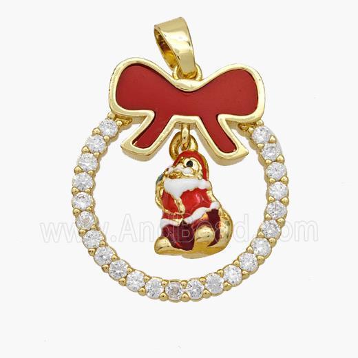 Christmas Santa Claus Copper Bow Pendant Pave Shell Zirconia Painted 18K Gold Plated