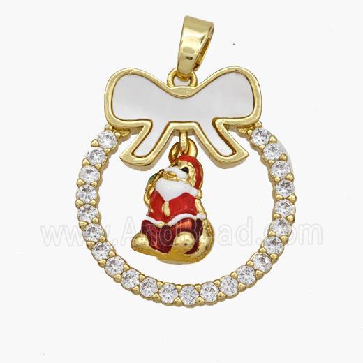 Christmas Santa Claus Copper Bow Pendant Pave Shell Zirconia Painted 18K Gold Plated