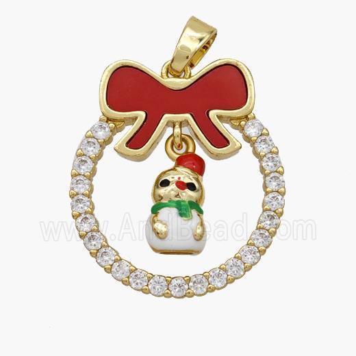 Christmas Snowman Copper Bow Pendant Pave Shell Zirconia Painted 18K Gold Plated