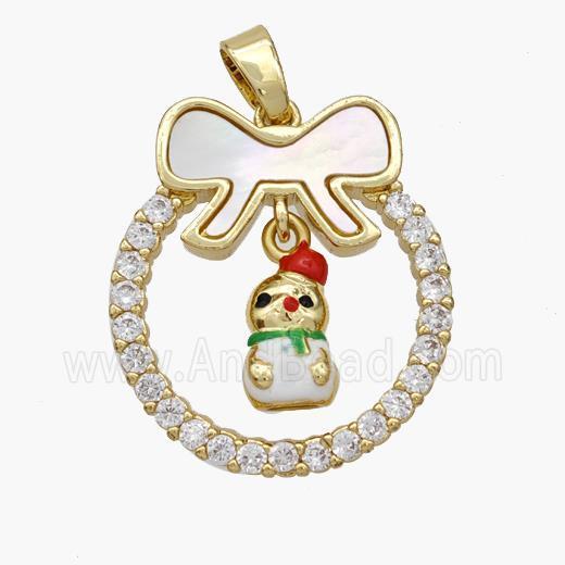 Christmas Snowman Copper Bow Pendant Pave Shell Zirconia Painted 18K Gold Plated