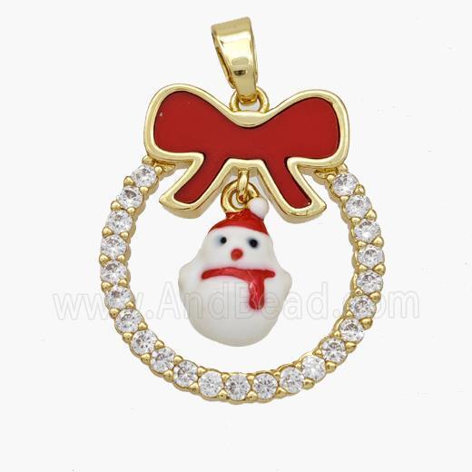 Christmas Snowman Copper Bow Pendant Pave Shell Zirconia Painted 18K Gold Plated