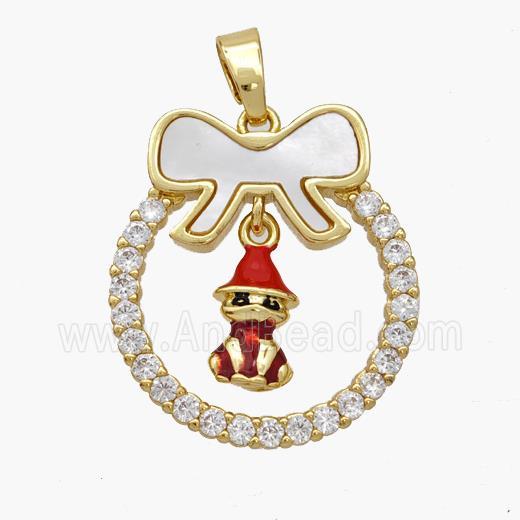 Christmas Gingerbread Man Copper Bow Pendant Pave Shell Zirconia Painted 18K Gold Plated