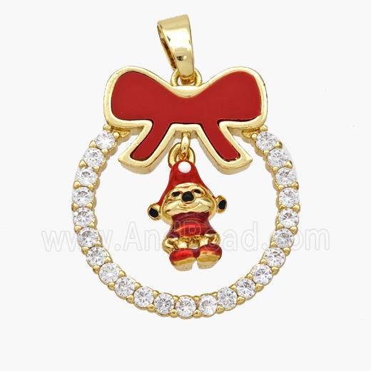 Christmas Gingerbread Man Copper Bow Pendant Pave Shell Zirconia Painted 18K Gold Plated