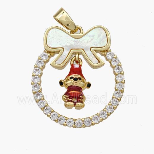 Christmas Gingerbread Man Copper Bow Pendant Pave Shell Zirconia Painted 18K Gold Plated