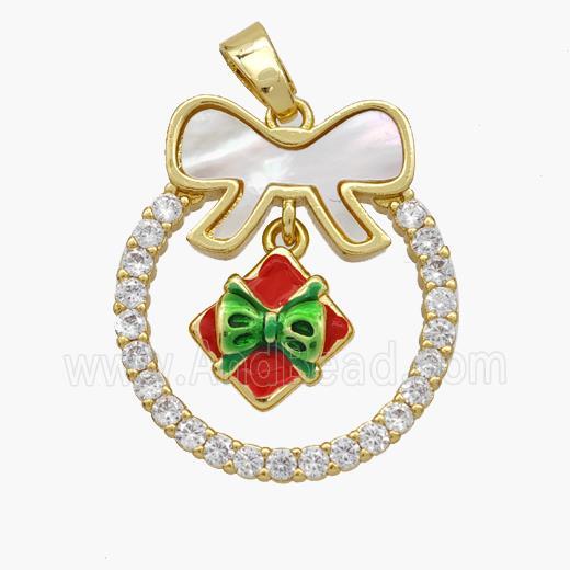 Christmas Gift Copper Bow Pendant Pave Shell Zirconia Painted 18K Gold Plated