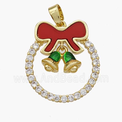 Christmas Bell Copper Bow Pendant Pave Shell Zirconia Painted 18K Gold Plated