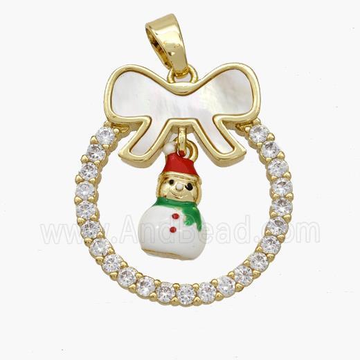 Christmas Snowman Copper Bow Pendant Pave Shell Zirconia Painted 18K Gold Plated