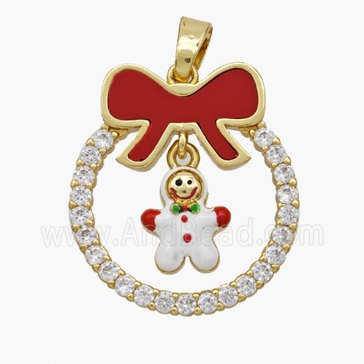 Christmas Snowman Copper Bow Pendant Pave Shell Zirconia Painted 18K Gold Plated